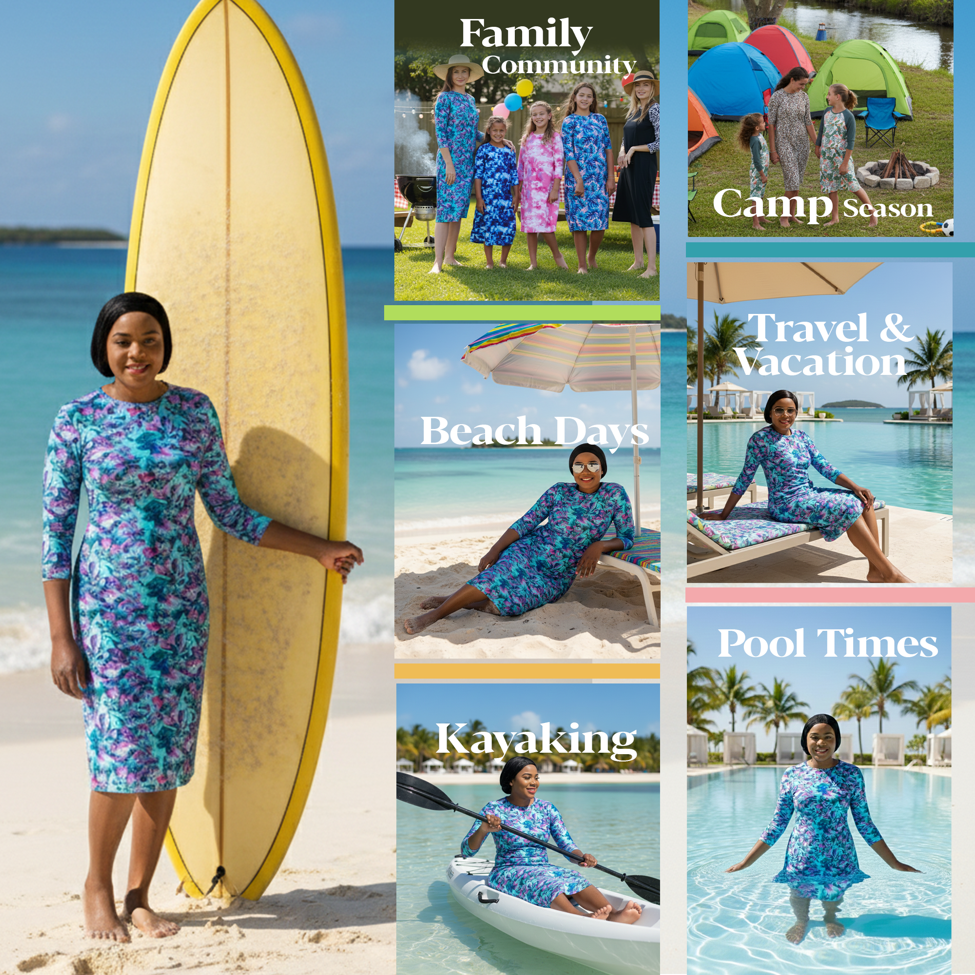 Woman Modest Tznius 3/4 Sleeve Athletic Swimdress Beach Cover up UPF 50+ Sun Protection (Bora Bora Print)