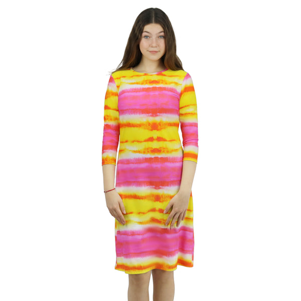 Woman Modest Tznius 3/4 Sleeve Athletic Swimdress Beach Cover up UPF 50+ Sun Protection (Batik in Pink / Yellow )