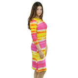 Woman Modest Tznius 3/4 Sleeve Athletic Swimdress Beach Cover up UPF 50+ Sun Protection (Batik in Pink / Yellow )