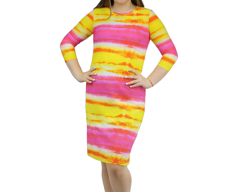 Woman Modest Tznius 3/4 Sleeve Athletic Swimdress Beach Cover up UPF 50+ Sun Protection (Batik in Pink / Yellow )