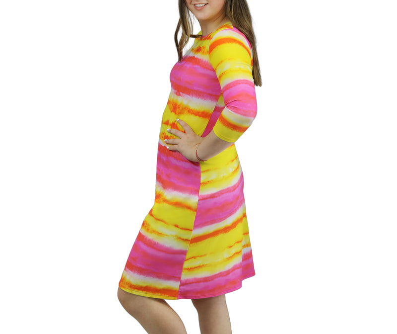 Woman Modest Tznius 3/4 Sleeve Athletic Swimdress Beach Cover up UPF 50+ Sun Protection (Batik in Pink / Yellow )