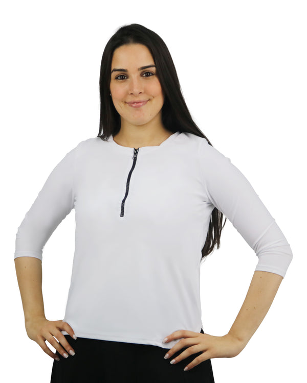 Woman Tznius Rash Guard With Zipper - 3/4 Sleeve Swimsuit Athletic for Swim Tennis Beach Sports UPF 50+ Sun Protection ( White )