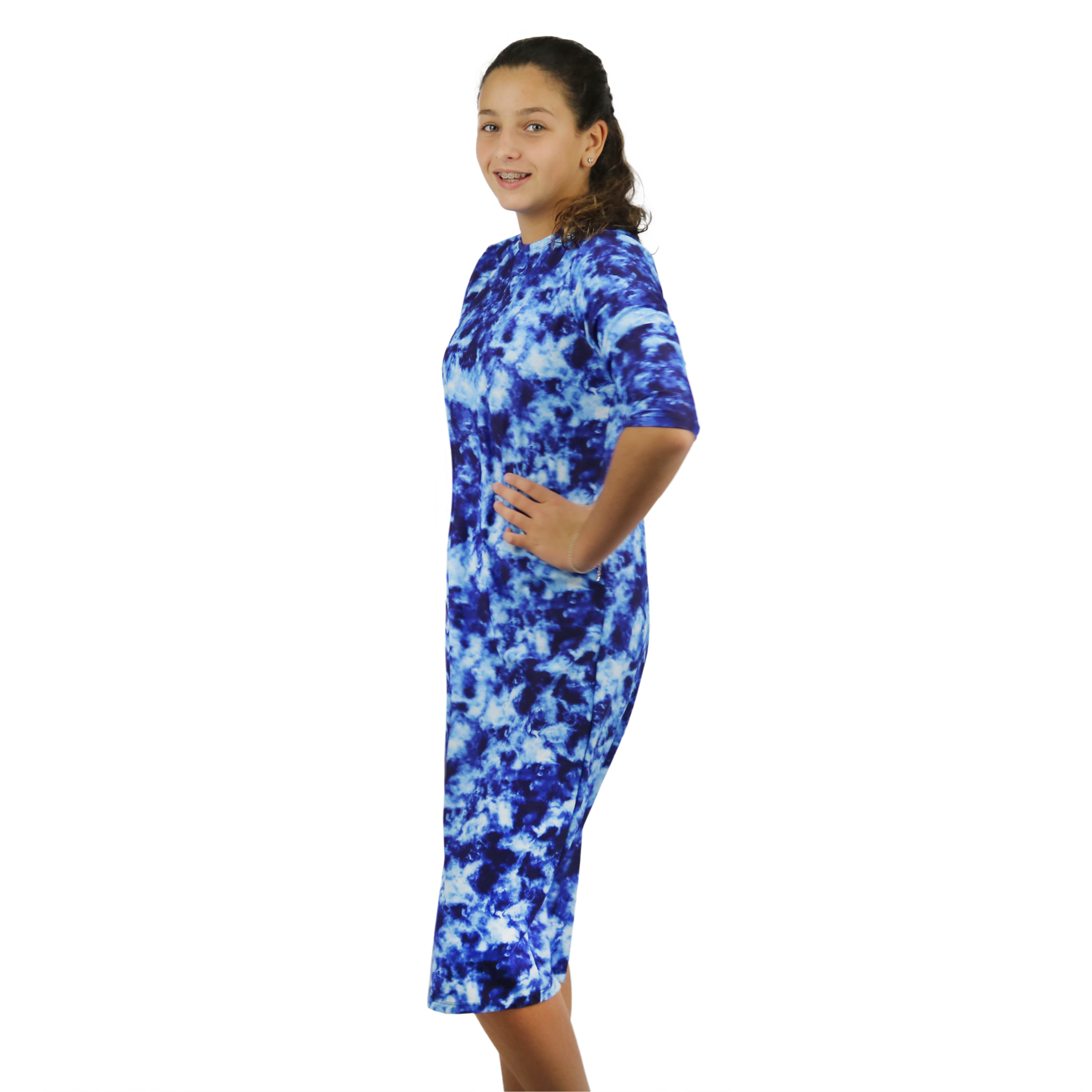 Girls Modest Tznius 3/4 Sleeve UPF 50+ Sun Protection bathing Suit Swimdress  (Batik in Blue Color )