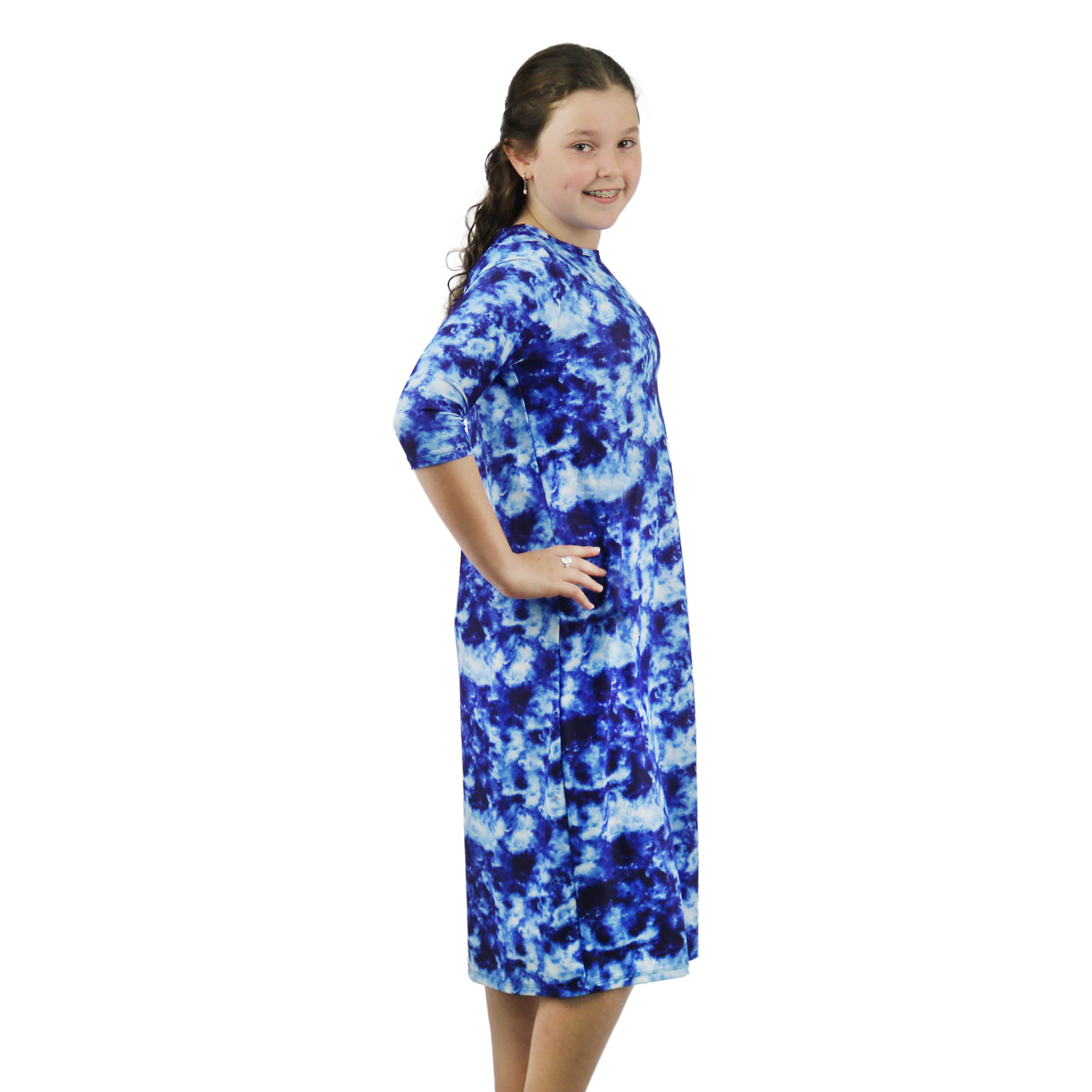 Girls Modest Tznius 3/4 Sleeve UPF 50+ Sun Protection bathing Suit Swimdress  (Batik in Blue Color )