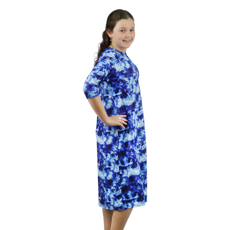 Girls Modest Tznius 3/4 Sleeve UPF 50+ Sun Protection bathing Suit Swimdress  (Batik in Blue Color )