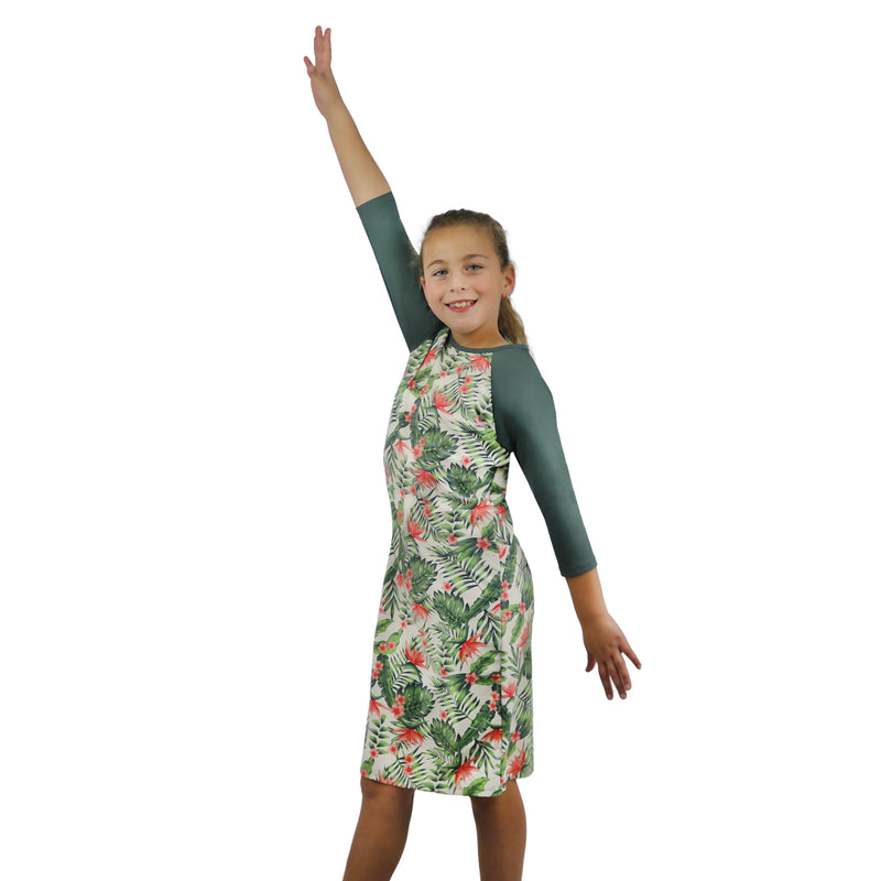 Girls Modest Tznius 3/4 Sleeve UPF 50+ Sun Protection bathing Suit Swimdress  (Acapulco in Color / Green Sleeves )