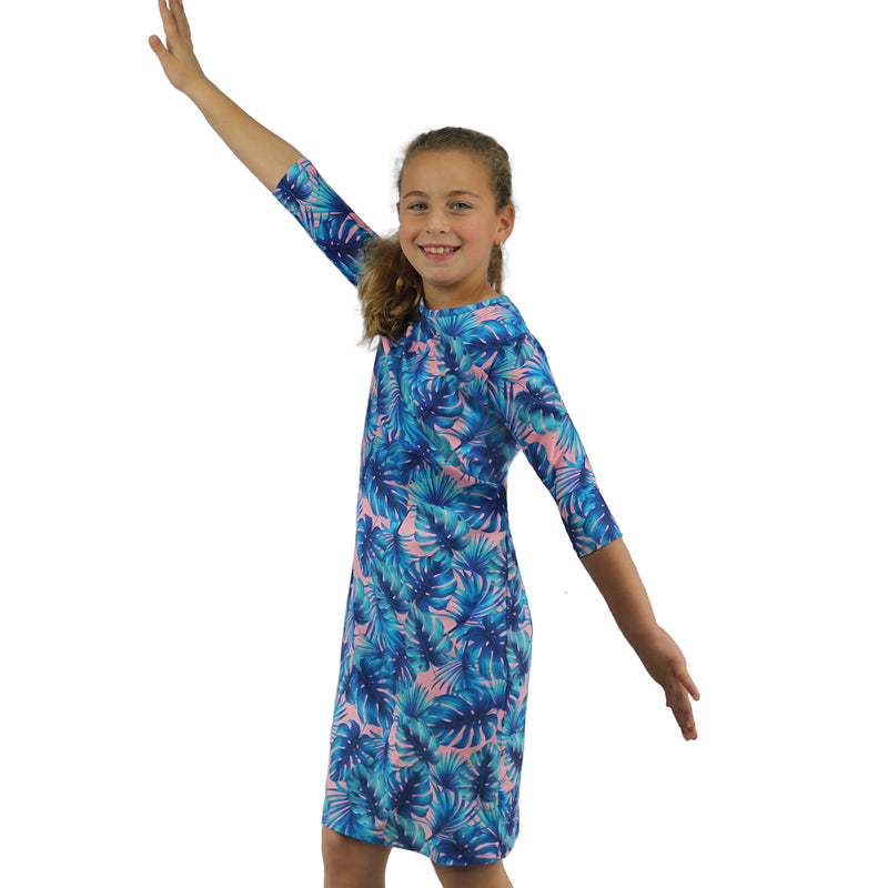 Girls Modest Tznius 3/4 Sleeve UPF 50+ Sun Protection bathing Suit Swimdress  (Miami in Blue Color )