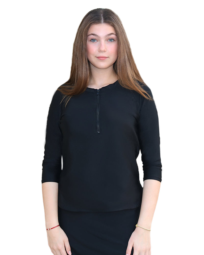 Woman Tznius Rash Guard With Zipper - 3/4 Sleeve Swimsuit Athletic for Swim Tennis Beach Sports UPF 50+ Sun Protection ( Black )