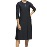 Woman Modest Tznius 3/4 Sleeve Athletic Swimdress Beach Cover up UPF 50+ Sun Protection (Bali in Black / Aqua Zipper)