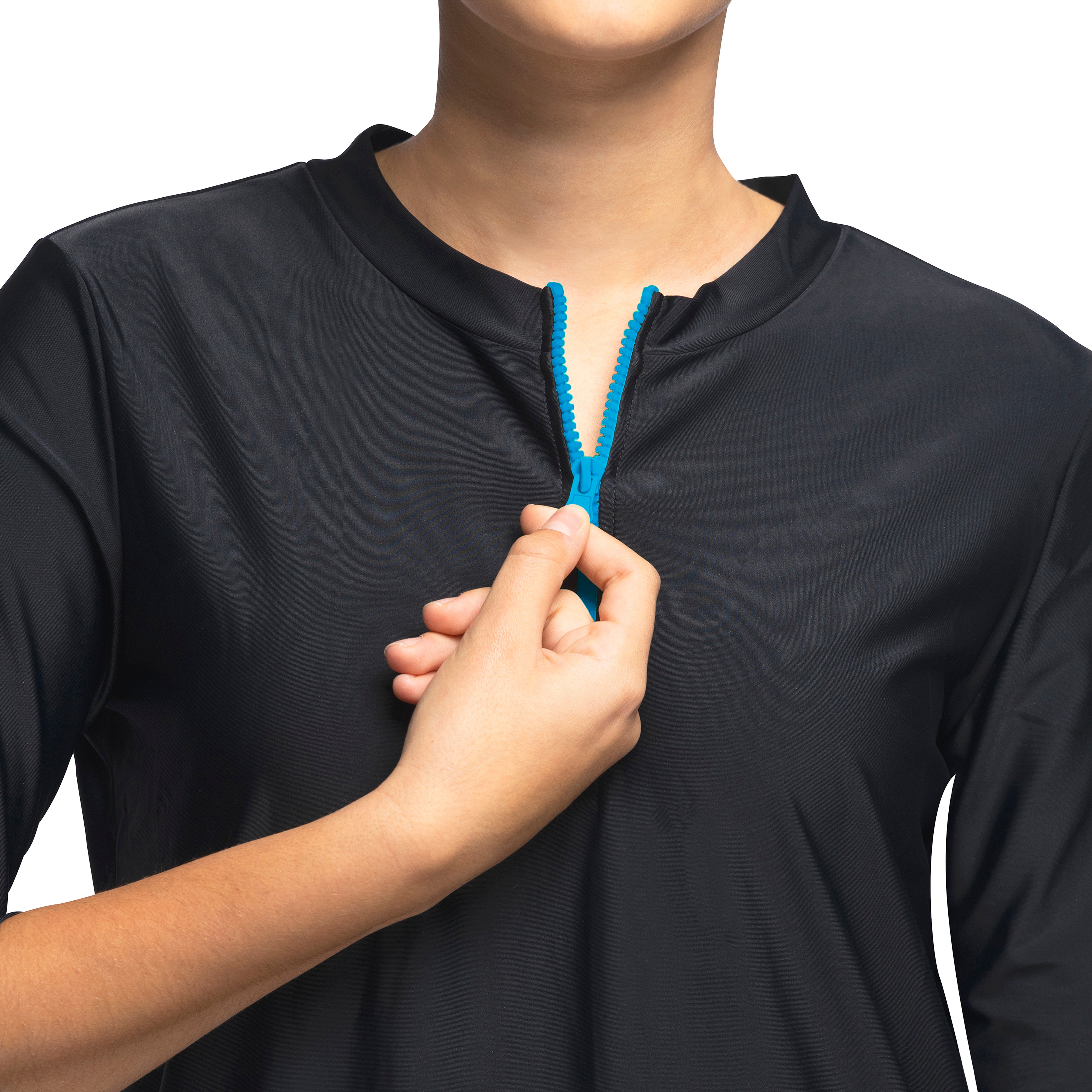 Woman Modest Tznius 3/4 Sleeve Athletic Swimdress Beach Cover up UPF 50+ Sun Protection (Bali in Black / Aqua Zipper)