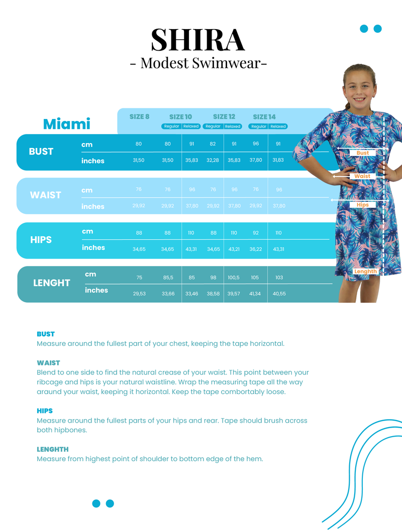 Girls Modest Tznius 3/4 Sleeve UPF 50+ Sun Protection bathing Suit Swimdress  (Miami in Blue Color )