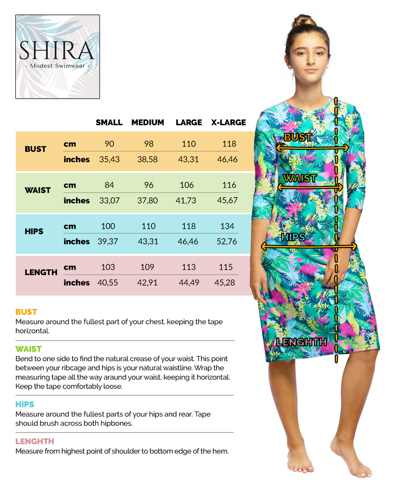 Woman Modest Tznius 3/4 Sleeves Athletic Swimdress Beach Cover up UPF 50+ Sun Protection (Amazonas Print )