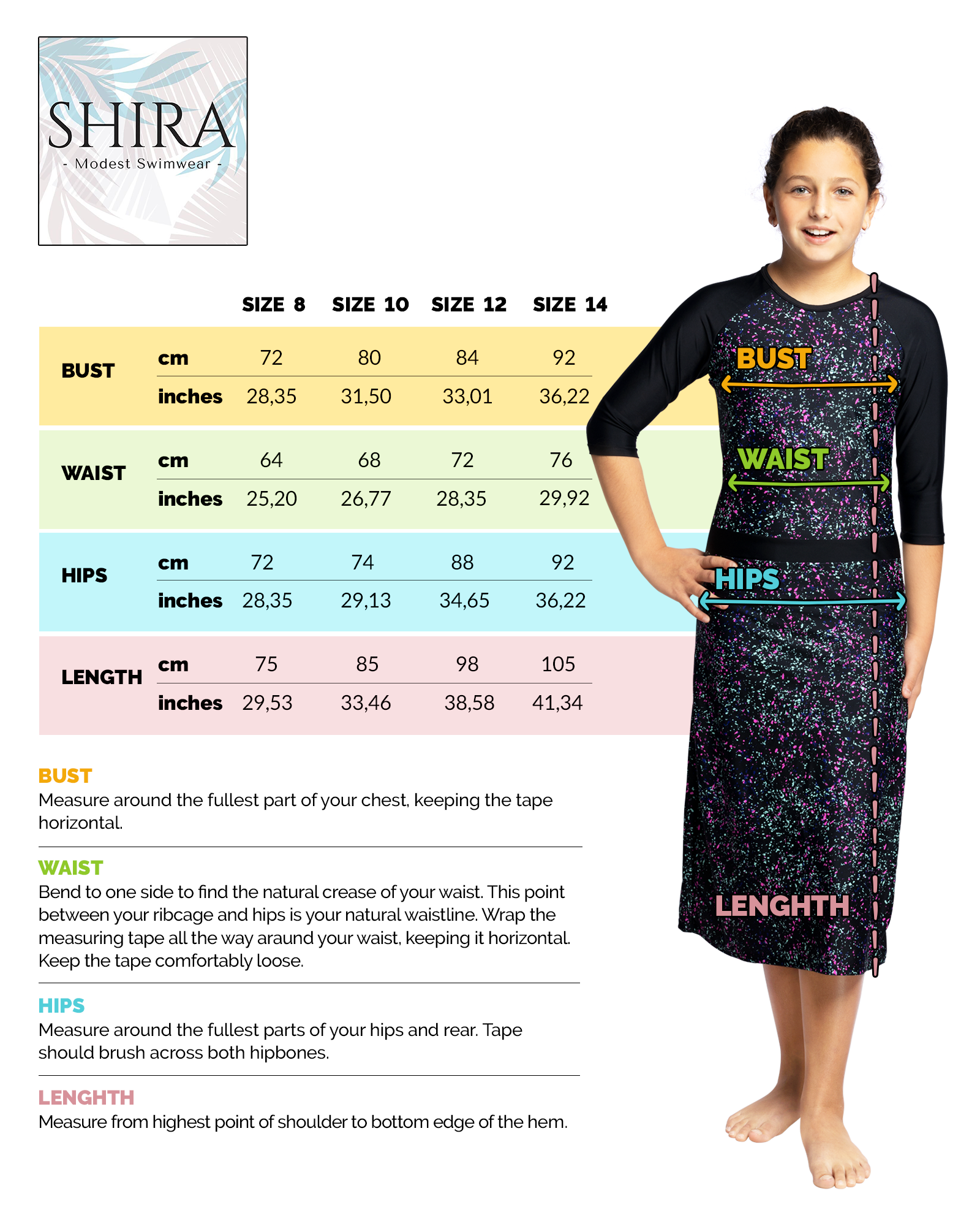 Girls Modest Tznius 3/4 Sleeve UPF 50+ Sun Protection bathing Suit Swimdress  (Dots in Black )