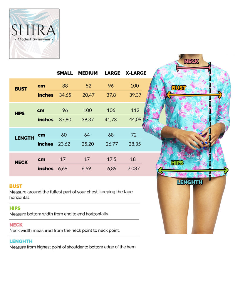 Woman Tznius Rash Guard 3/4 Sleeve Swimsuit Athletic for Swim Tennis Beach Sports UPF 50+ Sun Protection ( Hawai )