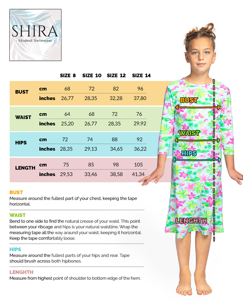 Girls Modest Tznius 3/4 Sleeve UPF 50+ Sun Protection bathing Suit Swimdress (Flamingo / Multi )