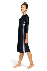 Woman Modest Tznius 3/4 Sleeve Athletic Swimdress Beach Cover up UPF 50+ Sun Protection (Reef in Black / White)