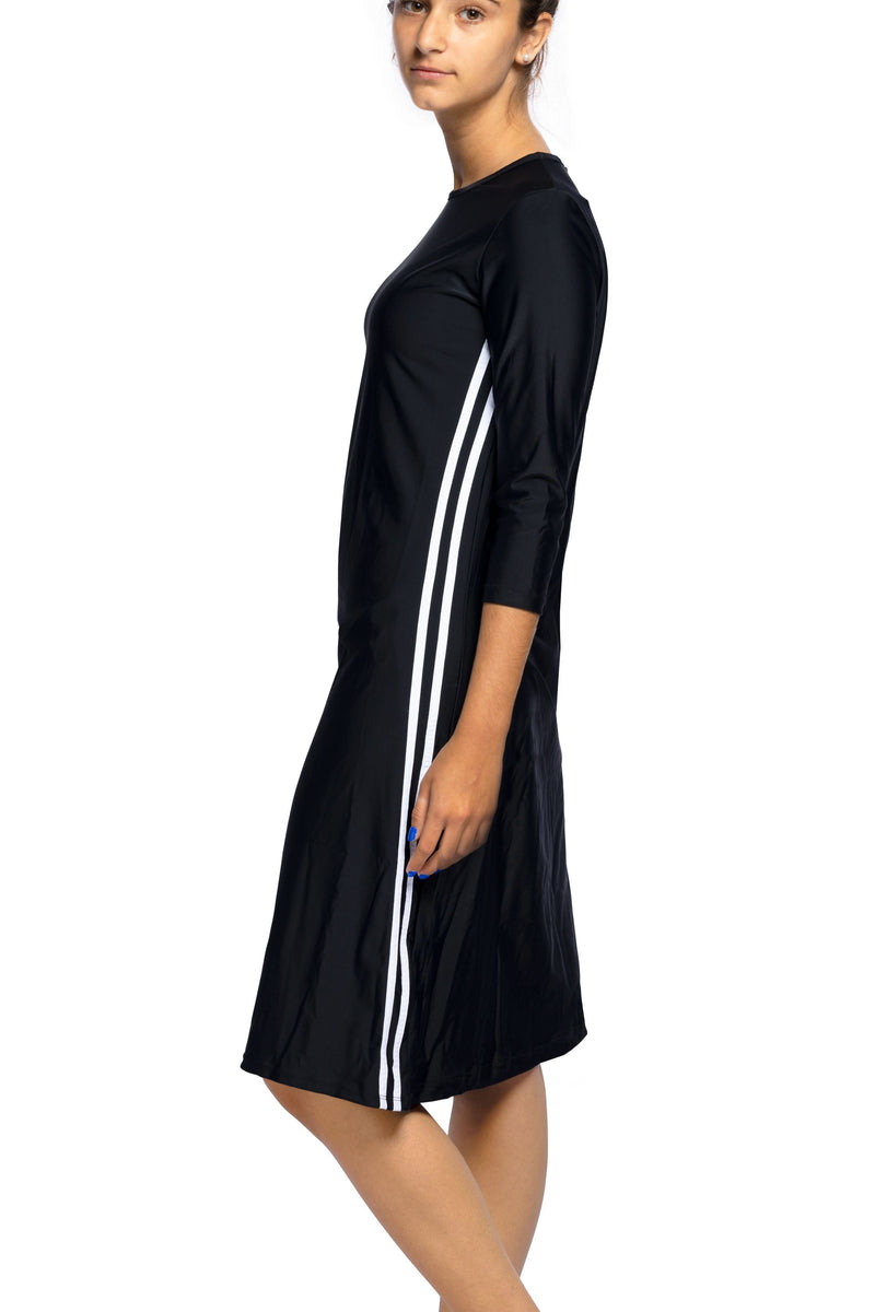 Woman Modest Tznius 3/4 Sleeve Athletic Swimdress Beach Cover up UPF 50+ Sun Protection (Reef in Black / White)