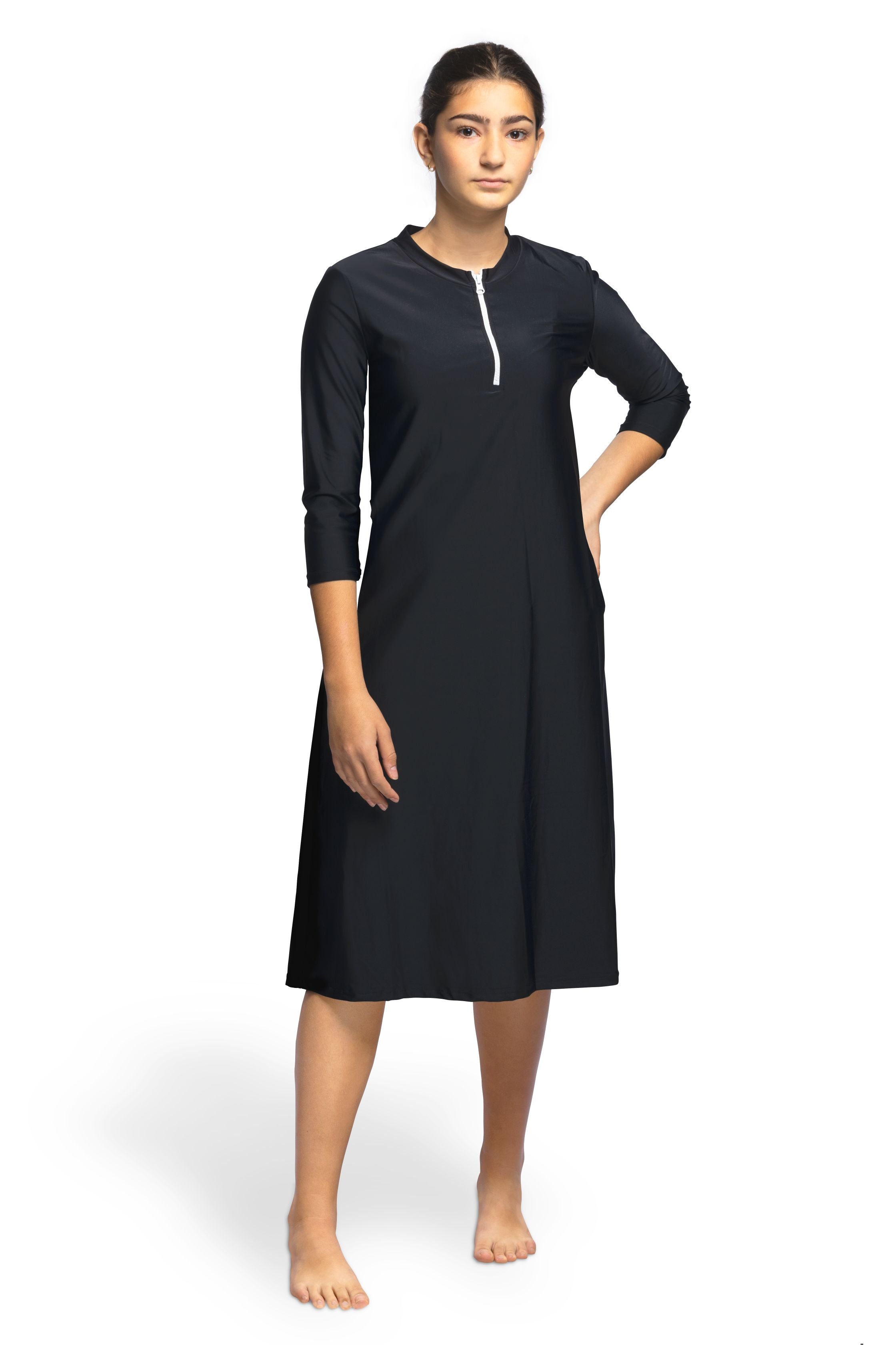 Woman Modest Tznius 3/4 Sleeve Athletic Swimdress Beach Cover up UPF 50+ Sun Protection (Bali in Black / White Zipper)