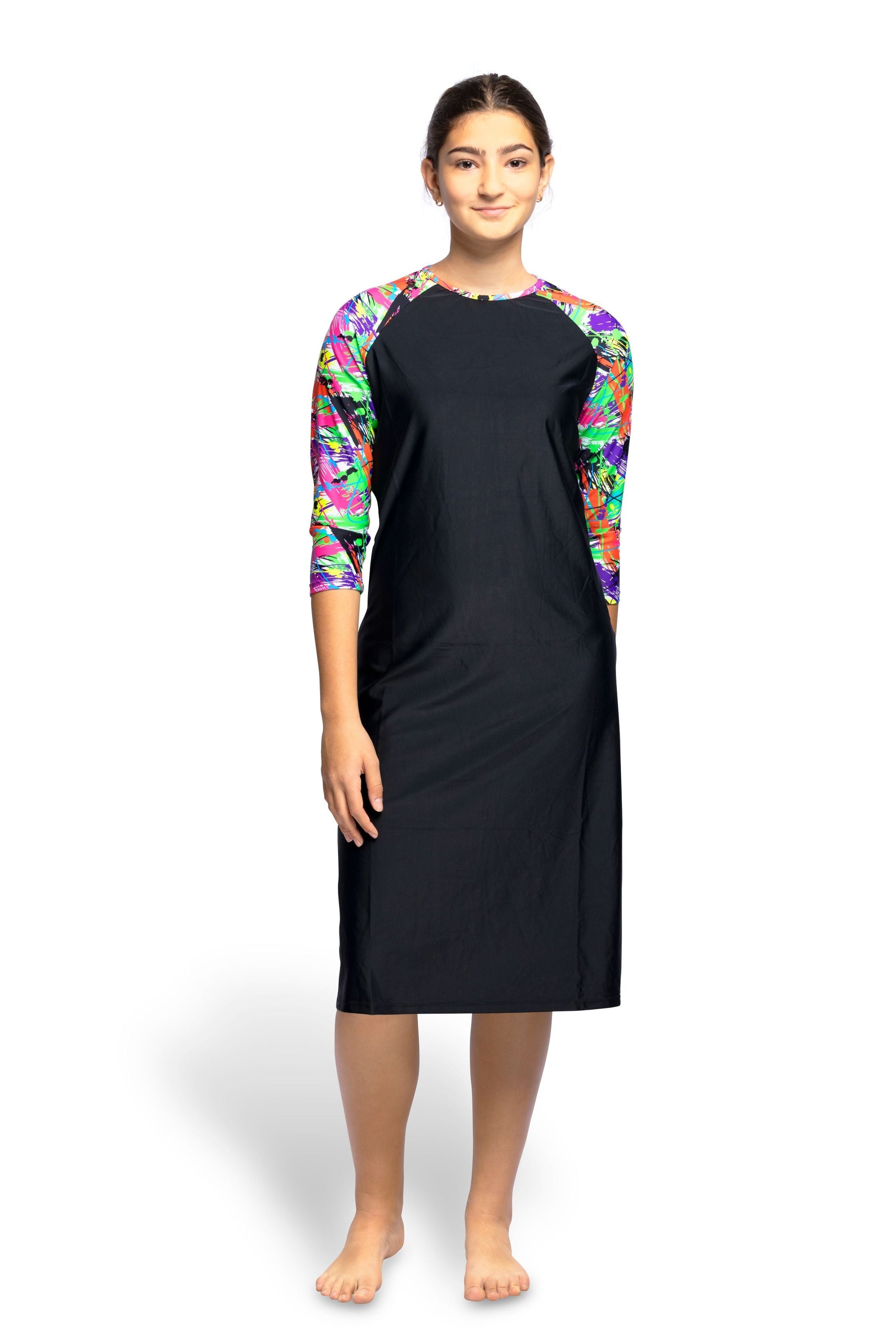 Woman Modest Tznius 3/4 Raglan Sleeve Athletic Swimdress Beach Cover up UPF 50+ Sun Protection (Aruba in Black Color Splash Sleeves)
