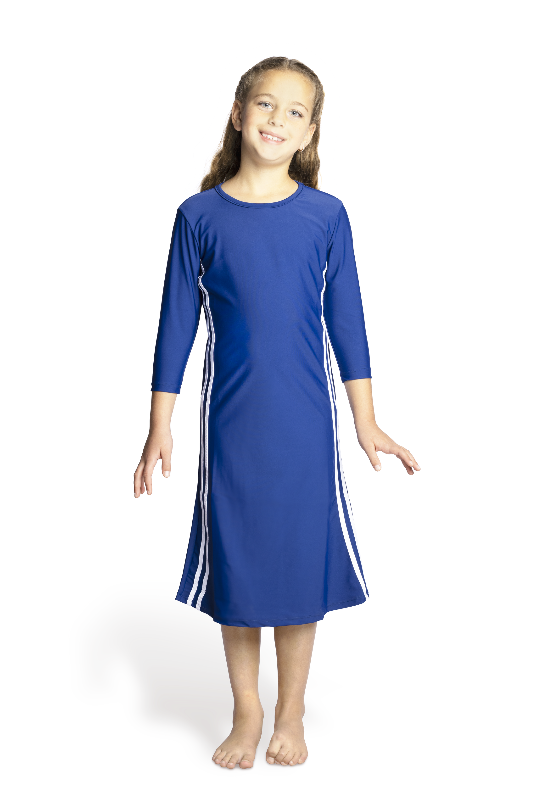 Girls Modest Tznius 3/4 Sleeve UPF 50+ Sun Protection bathing Suit Swimdress  (Reef in Navy Blue/White )