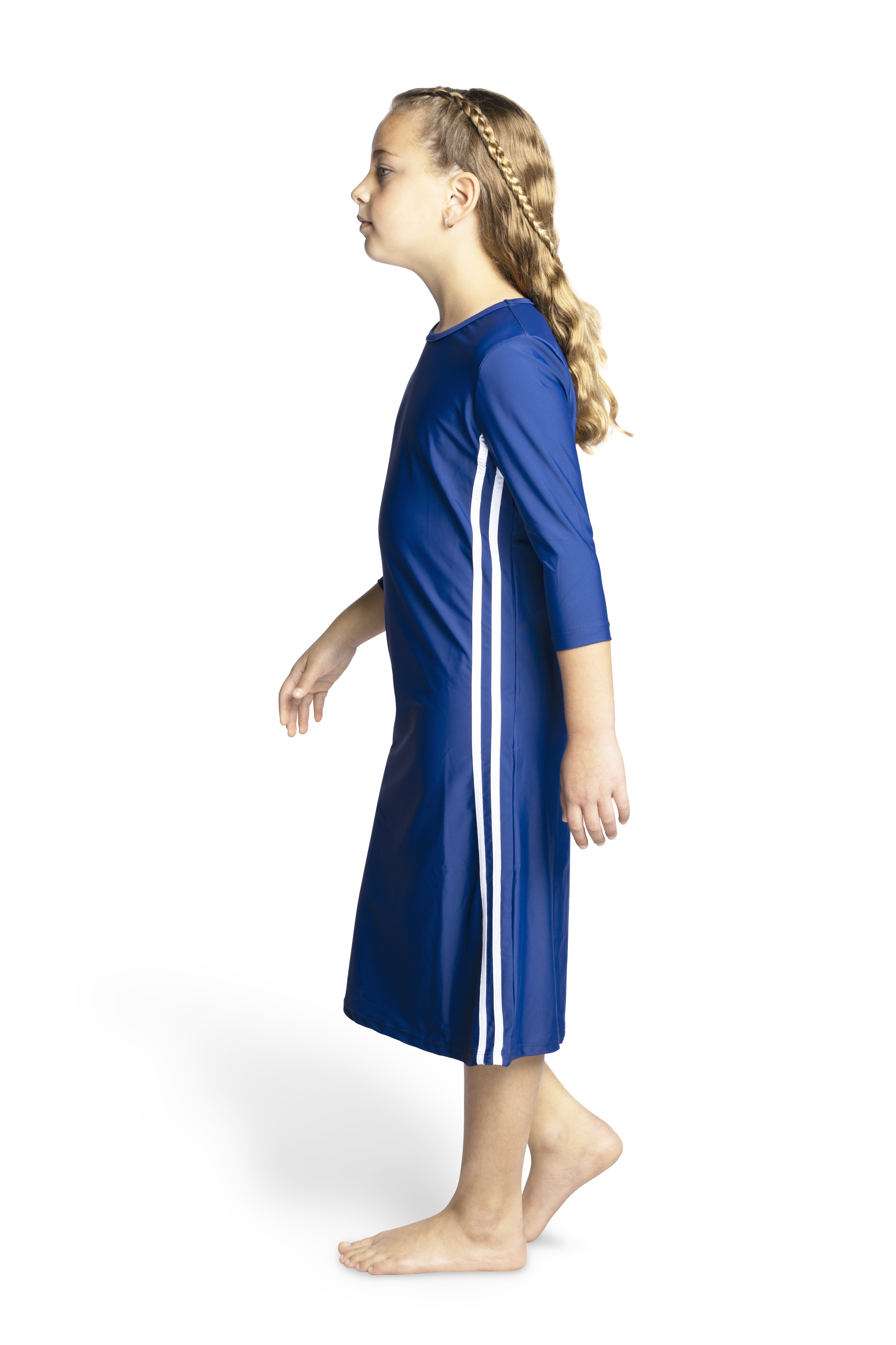 Girls Modest Tznius 3/4 Sleeve UPF 50+ Sun Protection bathing Suit Swimdress  (Reef in Navy Blue/White )