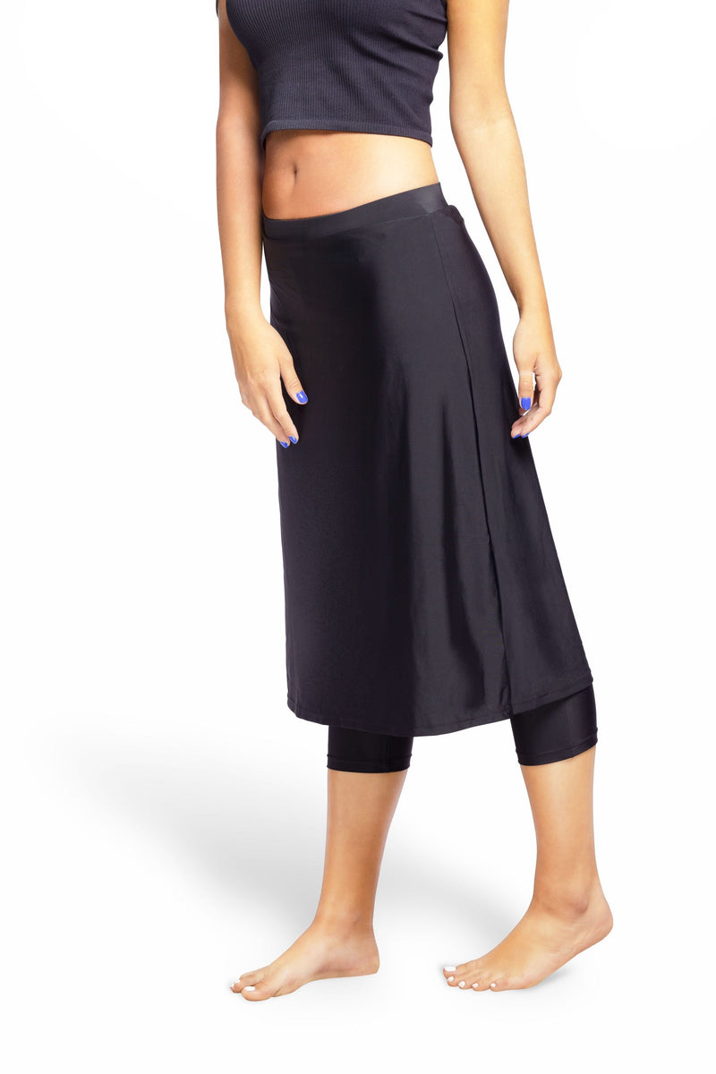 Woman Long Swim Skirt with Attached Leggings, Modest, Sun Protection, Sports (Black)