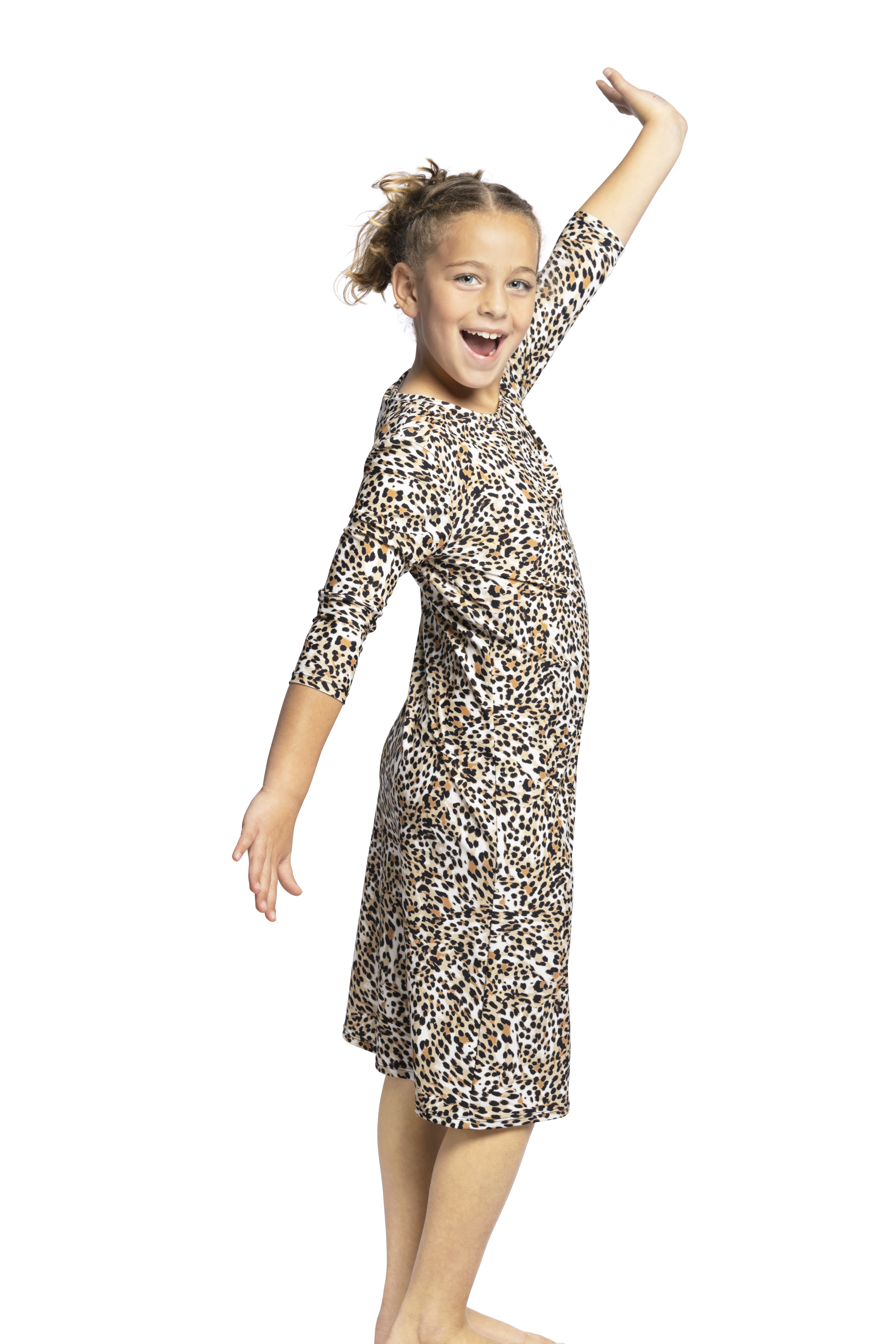 Girls Modest Tznius 3/4 Sleeve UPF 50+ Sun Protection Bathing Suit Swimdress (Animal Print )