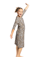 Girls Modest Tznius 3/4 Sleeve UPF 50+ Sun Protection Bathing Suit Swimdress (Animal Print )