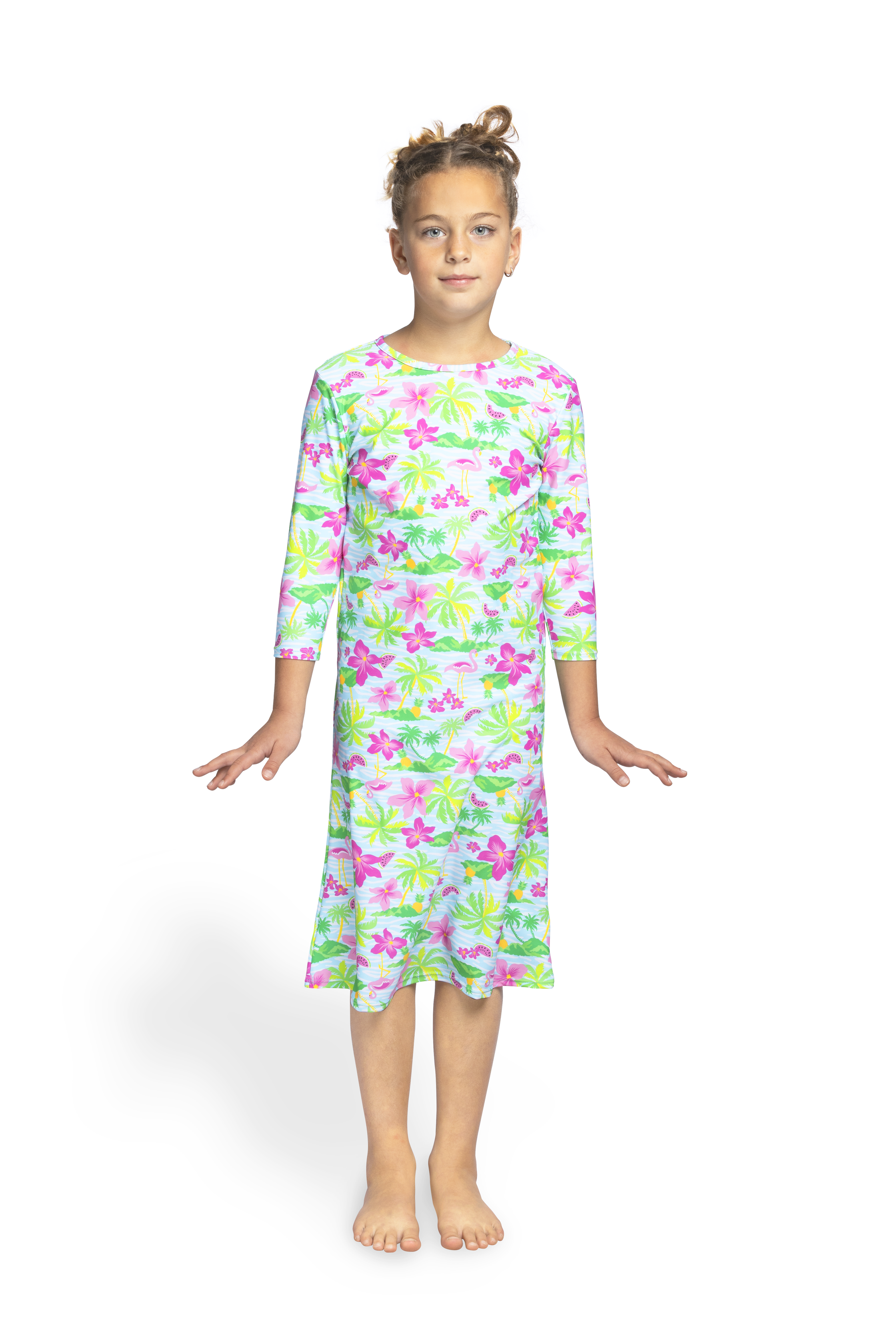 Girls Modest Tznius 3/4 Sleeve UPF 50+ Sun Protection bathing Suit Swimdress (Flamingo / Multi )