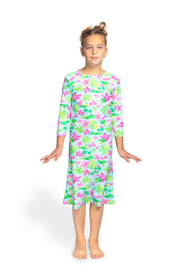 Girls Modest Tznius 3/4 Sleeve UPF 50+ Sun Protection bathing Suit Swimdress (Flamingo / Multi )