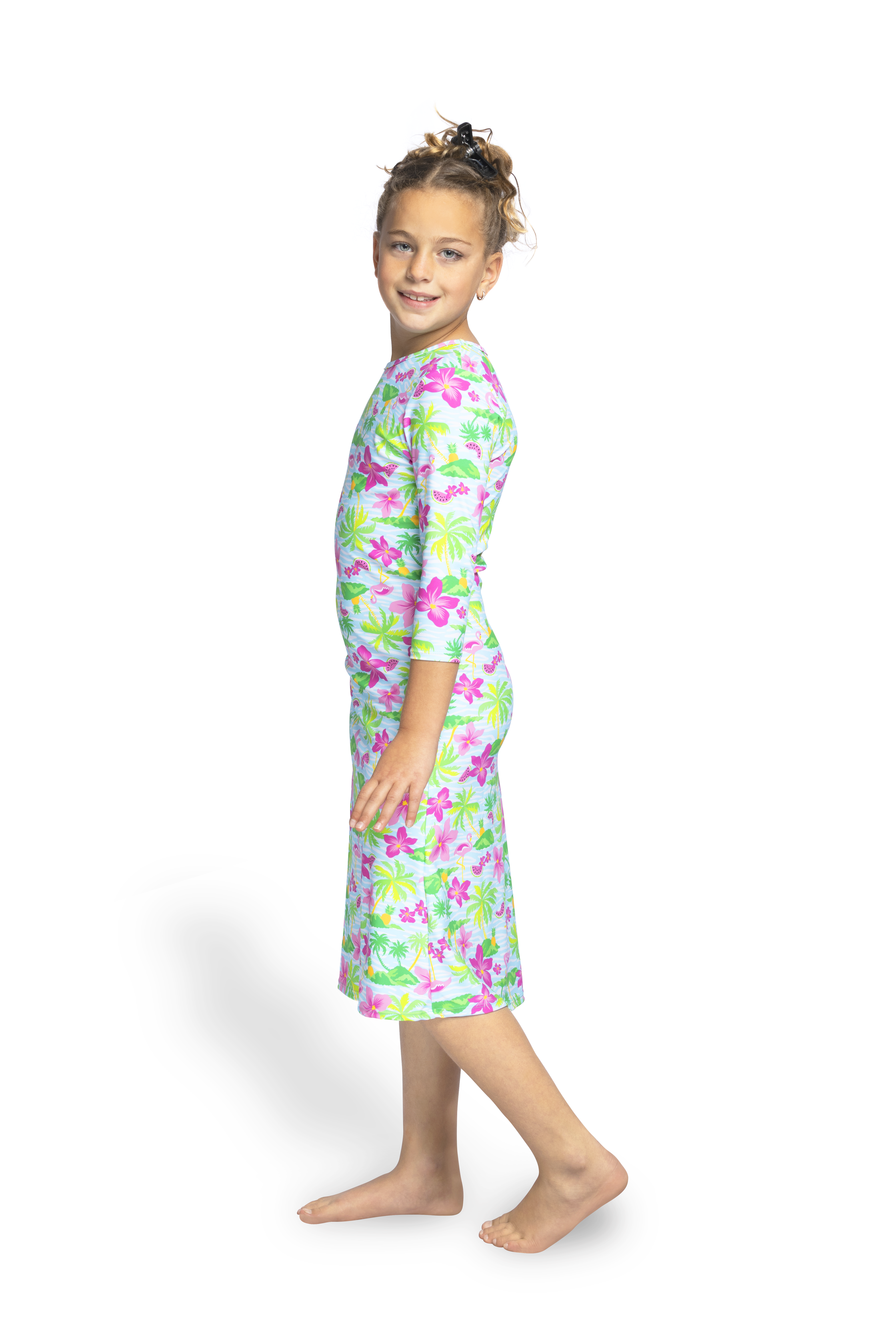 Girls Modest Tznius 3/4 Sleeve UPF 50+ Sun Protection bathing Suit Swimdress (Flamingo / Multi )