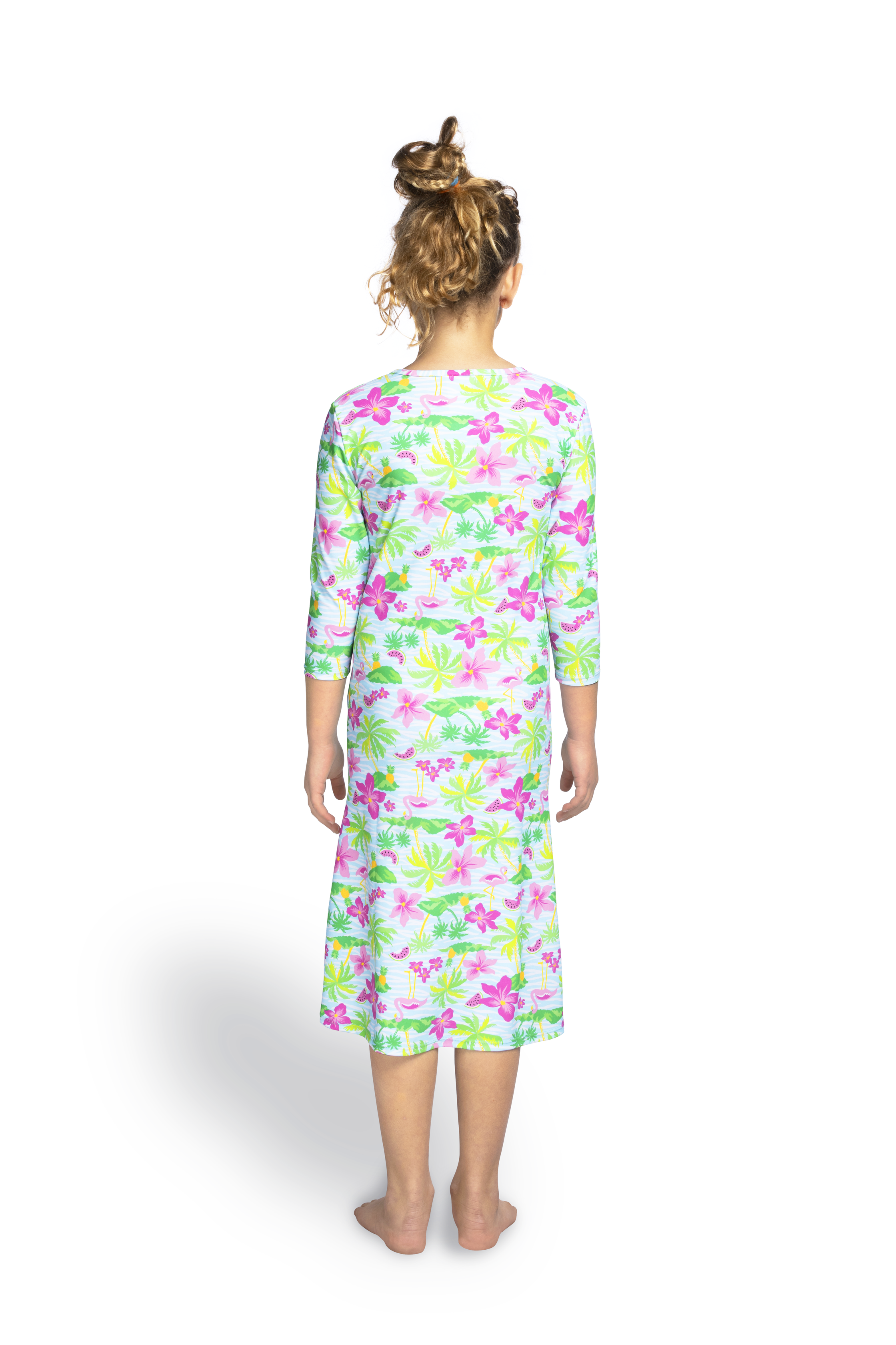 Girls Modest Tznius 3/4 Sleeve UPF 50+ Sun Protection bathing Suit Swimdress (Flamingo / Multi )
