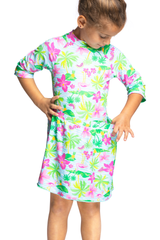 Girls / Toddler Two Piece Modest Tznius 3/4 Sleeve UPF 50+ Sun Protection Rash guard bathing Body & Skirt (Flamingo / Multi )