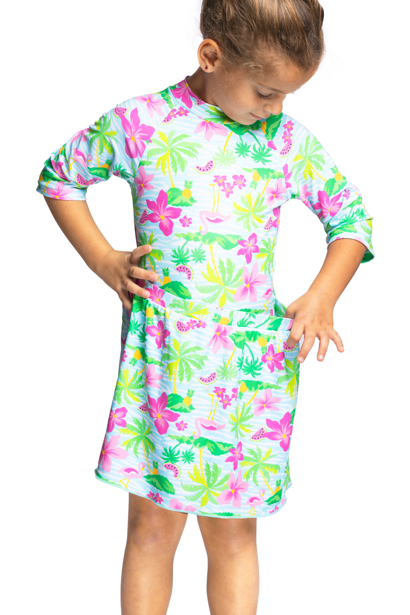 Girls / Toddler Two Piece Modest Tznius 3/4 Sleeve UPF 50+ Sun Protection Rash guard bathing Body & Skirt (Flamingo / Multi )