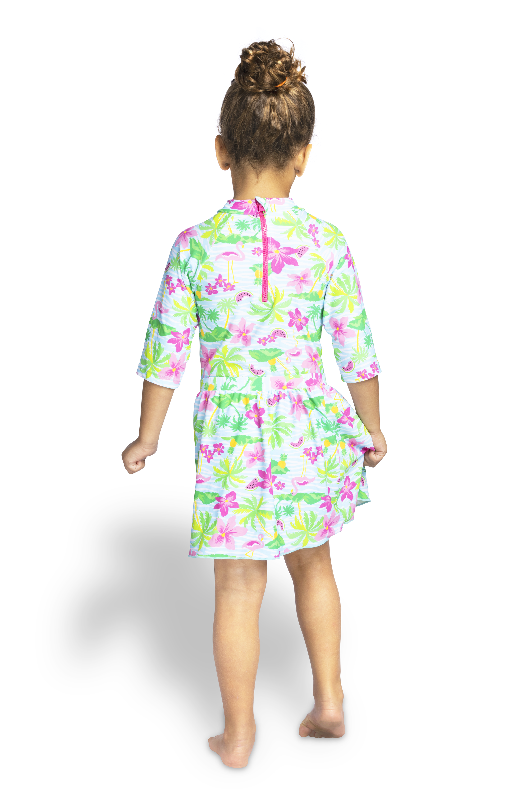 Girls / Toddler Two Piece Modest Tznius 3/4 Sleeve UPF 50+ Sun Protection Rash guard bathing Body & Skirt (Flamingo / Multi )