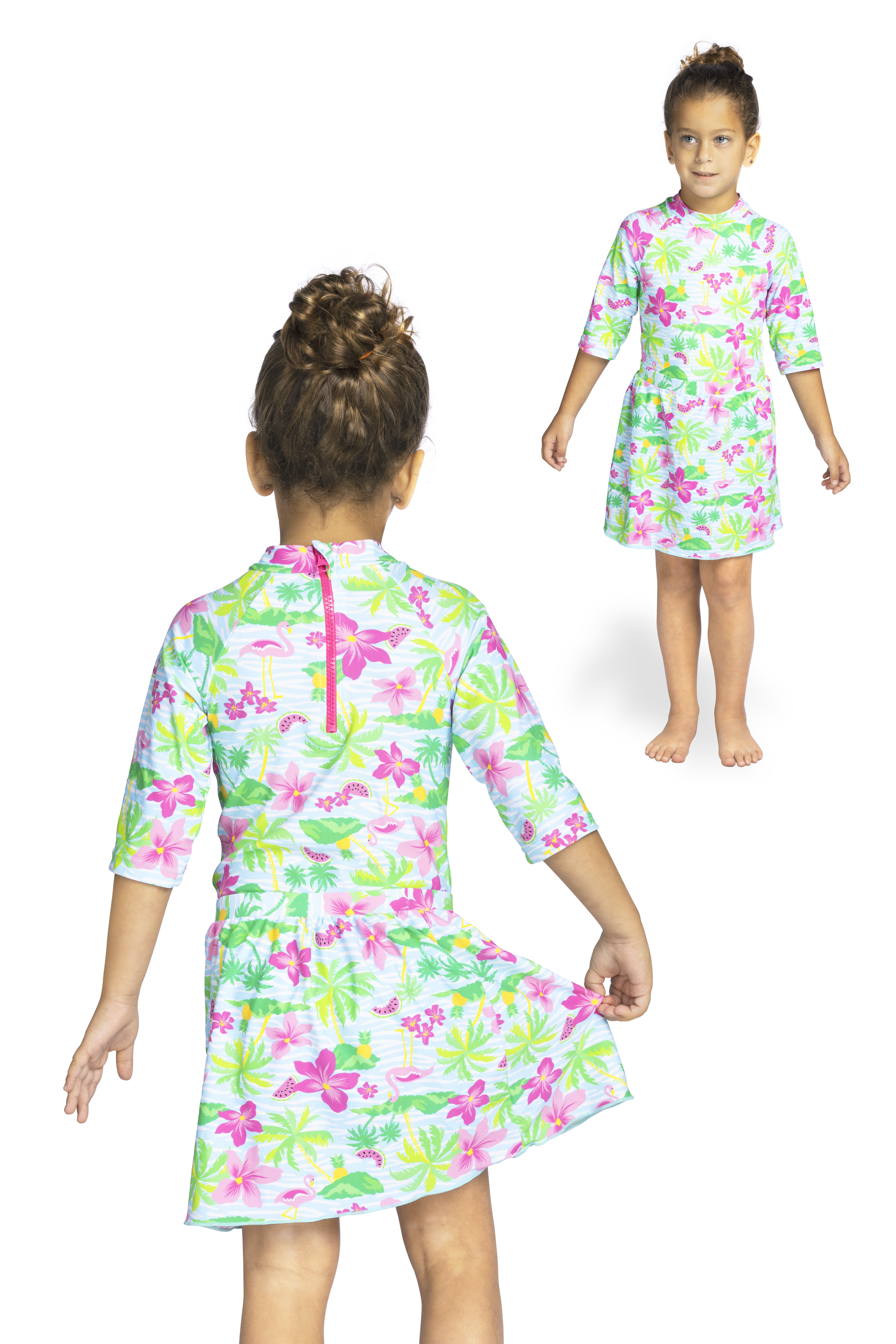 Girls / Toddler Two Piece Modest Tznius 3/4 Sleeve UPF 50+ Sun Protection Rash guard bathing Body & Skirt (Flamingo / Multi )