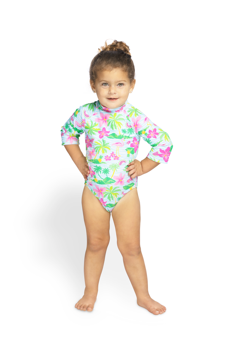 Girls / Toddler Two Piece Modest Tznius 3/4 Sleeve UPF 50+ Sun Protection Rash guard bathing Body & Skirt (Flamingo / Multi )