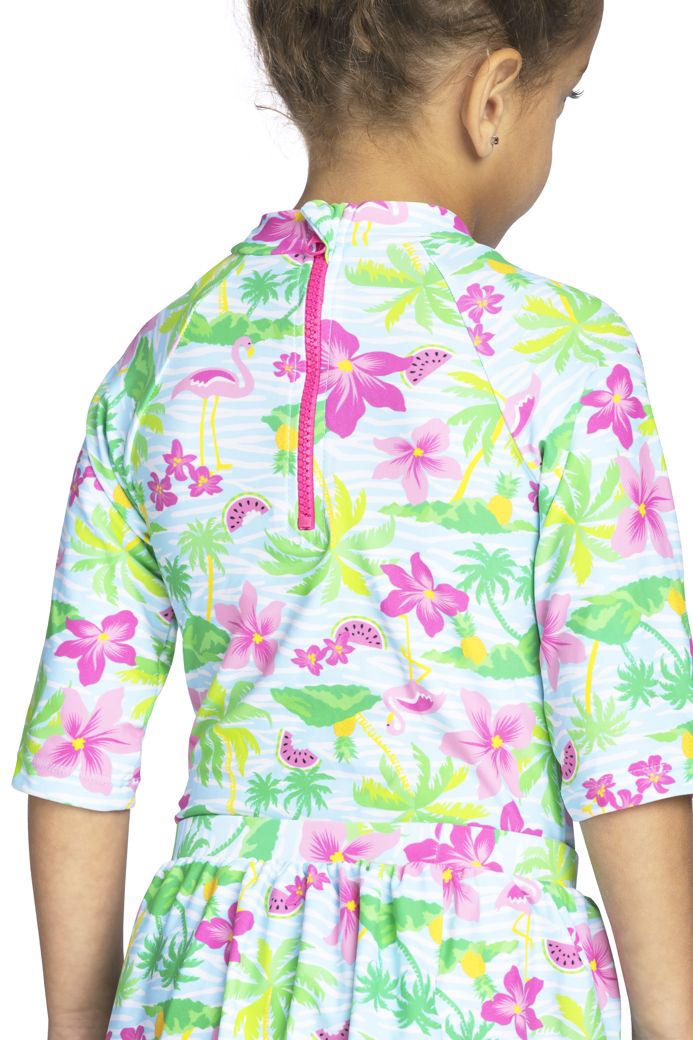 Girls / Toddler Two Piece Modest Tznius 3/4 Sleeve UPF 50+ Sun Protection Rash guard bathing Body & Skirt (Flamingo / Multi )