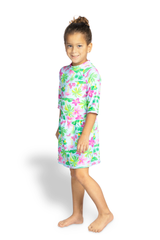 Girls / Toddler Two Piece Modest Tznius 3/4 Sleeve UPF 50+ Sun Protection Rash guard bathing Body & Skirt (Flamingo / Multi )